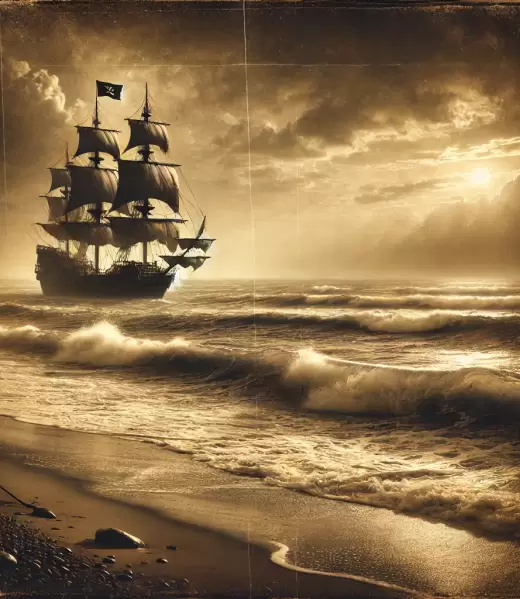 DALL·E 2024-09-26 21.43.25 - A realistic sepia-toned photograph of a pirate ship approaching a beach at dawn on a cloudy day. The sea is rough with waves crashing, and the wind is